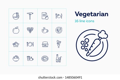 Vegetarian icons. Set of line icons. Calorie, grape, salad, fish. Dieting concept. Vector illustration can be used for topics like food, meal, healthy eating