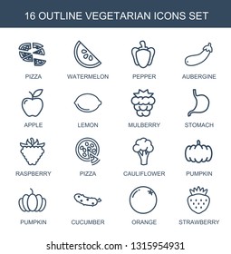 vegetarian icons. Trendy 16 vegetarian icons. Contain icons such as pizza, watermelon, pepper, aubergine, apple, lemon, mulberry, stomach. vegetarian icon for web and mobile.
