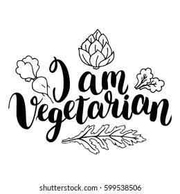 I am vegetarian. Inspirational quote about vegetarian. Modern calligraphy phrase with hand drawn apple. Handwritten lettering for print and poster.