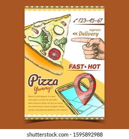 Vegetarian Italian Pizza Advertising Banner Vector. Cooked Slice Cheese Pizza With Ingredients Rapini And Paprika Pepper, Tomatoes And Mozzarella, Gps Mark On Phone. Express Delivery Illustration