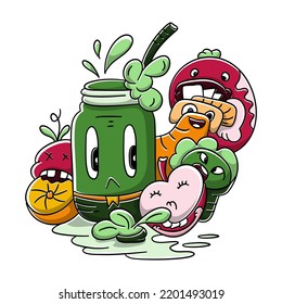vegetarian juice Vector doodle illustration background banner Healthy food Natural products, Elements for menu, advertisement