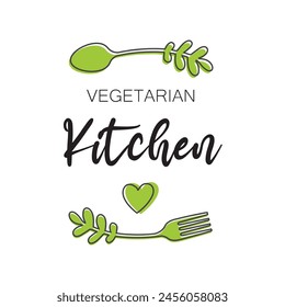Vegetarian kitchen logo with fork and spoon and two green leaves.