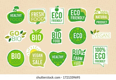 Vegetarian labels. Eco healthy fresh food tags natural products badges organic symbols vector stamps collection