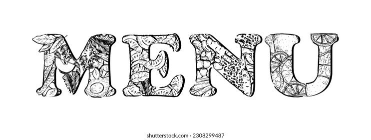Plantilla de diseño de menú con letras vegetarianas con verduras, frutas y frutos secos. Ilustración vectorial dibujada a mano negra y blanca, concepto de alimentación saludable