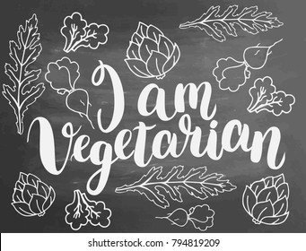 I am vegetarian lettering. Set of vector handwritten elements. Food farm natural product. Ink brush handlettering. Hand drawn fruits and vegetables on Chalkboard background