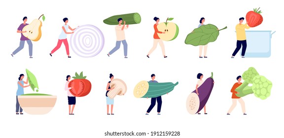 Vegetarian life. Raw ingredients, garden vegan natural nutrition. Mini people healthy food eating, cartoon tiny characters utter vector set