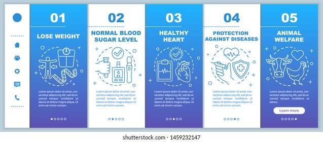 Vegetarian lifestyle benefits onboarding mobile web pages vector template. Responsive smartphone website interface idea with linear illustrations. Webpage walkthrough step screens. Color concept