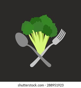 Vegetarian logo. Broccoli with a fork and spoon. Vector emblem