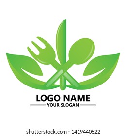 Vegetarian logo design vector. natural food icon. cutlery organic logo. organic food logo icon design. vector illustration.
