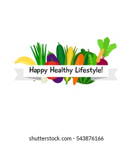 Vegetarian logo design for website with vegetables and flat style ribbon. Vector illustration