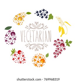 Vegetarian logo with grape, banana, orange, currant, strawberry, plum and pear
 with green leaves. Vector plant logotype, fruit icon.