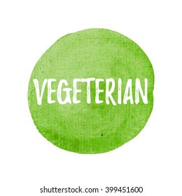 Vegetarian logo sign icon, vector on hand drawn green watercolor background illustration