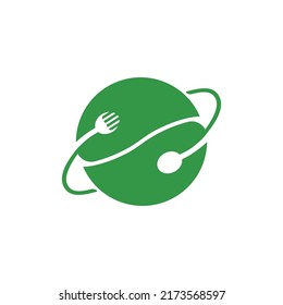 Vector de diseño de plantillas de logotipo vegetariano. Horquilla y cuchara alrededor del mundo. Logo del restaurante, logo de comida orgánica natural. 