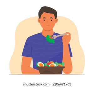 Vegetarian Man Enjoy Eating Salad