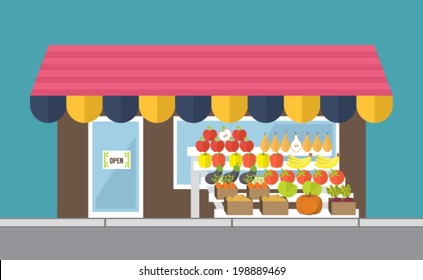 Vegetarian market, fresh farm organic food. Wholesome vegetables and fruits. Outdoor stall. Flat design vector illustration.