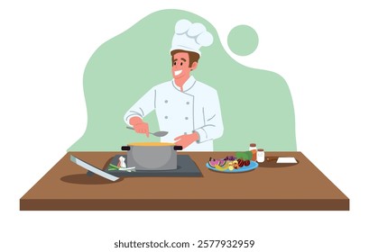 vegetarian meal preparation, chef preparing a vegan food meal. healthy eating. vector illustration.