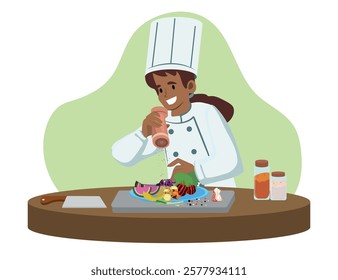 vegetarian meal preparation, a young chef preparing a vegan food meal. healthy eating. vector illustration.