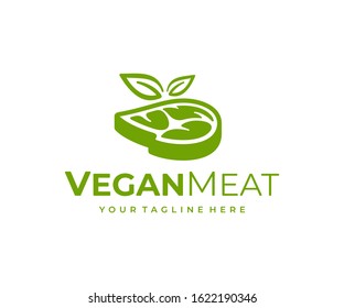 Vegetarian meat logo design. Vegan steak with leaves vector design. Plant based meat logotype