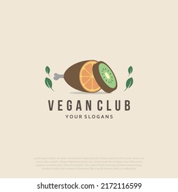 Vegetarian meat logo design. Vegan meat with fruit orange and kiwi vector design. Plant based meat logotype