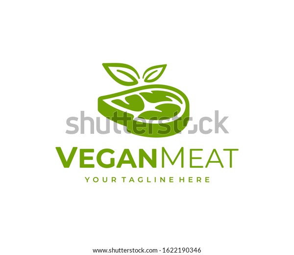 Vegetarian meat logo design. Vegan\
steak with leaves vector design. Plant based meat\
logotype