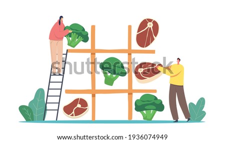 Vegetarian or Meaty Nutrition Choice. Tiny Male and Female Characters Playing Huge Noughts and Crosses Game with Healthy and Unhealthy Products Meat Vegetables Food. Cartoon People Vector Illustration Stock photo © 