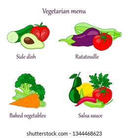 Vegetarian menu. Colored hand drawn icon set.