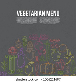 Vegetarian menu concept,background with text area and linear stylized fruit and vegetables pictures.Textured dark backdrop. Colored vector illustration.Healthy food, vegetarian, farmers market concept