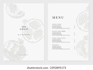 Vegetarian menu design with pomegranates illustrations. Healthy Food restaurant menu. Flyer template. Fast Food, Healthy Food, Flyer Design, Simple, Minimalist