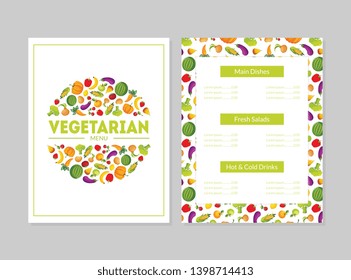Vegetarian Menu Design Template, Main Dishes, Fresh Salads, Hot and Cold Drinks, Cafe or Restaurant identity Vector Illustration