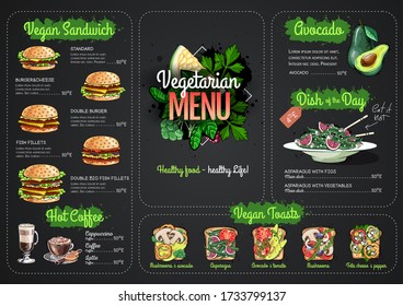 Vegetarian menu design with vegan meals. Restaurant menu