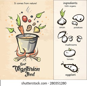 Vegetarian menu emblem + set of vegetables. Sketch art for your design. Vector EPS 10