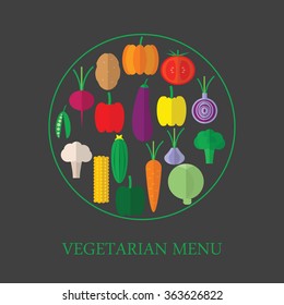 Vegetarian menu. Icons of vegetables in a flat style.