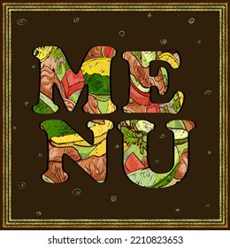 Vegetarian menu lettering mockup with letters filled assorted food, hand drawn graphic vector illustration