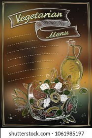 Lista de menús vegetarianos con espacio para texto, ilustración gráfica de vector dibujada a mano, ensalada griega y aceite de oliva