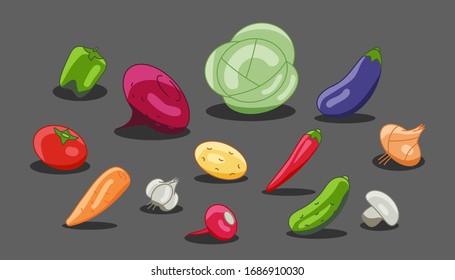 Vegetarian menu made of vegetables radish, eggplant, beets. Vector vegetable cabbage, carrots, cucumber, garlic, onions, peppers.
