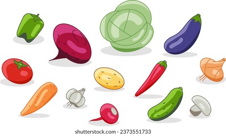 Vegetarian menu made of vegetables radish, eggplant, beets. Vector vegetable cabbage, carrots, cucumber, garlic, onions, peppers.