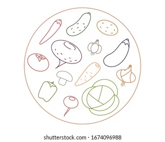 Vegetarian menu made of vegetables. Round logo template vector.