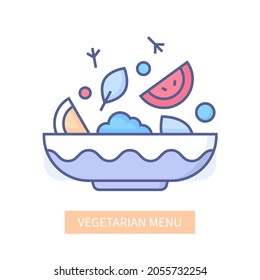 Vegetarian menu - modern line design style icon on white background. Neat detailed image of plate full of vegetables. Tomato, lemon, spinach, broccoli, dill, herbs. Salad - proper nutrition