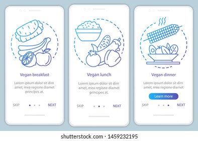 Vegetarian menu onboarding mobile app page screen vector template. Vegan breakfast, lunch and dinner walkthrough website steps with linear illustrations. UX, UI, GUI smartphone interface concept