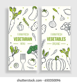 vegetarian menu template. Farm fresh vegetables poster. Sketch style vector illustration.