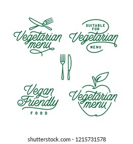 Vegetarian menu typography set. Vegan food calligraphy emblems labels logotype templates. Suitable for vegetarian. Stickers for food products. Healthy food icons. Vector vintage illustration.