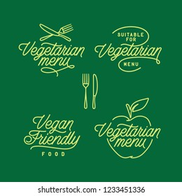 Vegetarian menu typography set. Vegan food calligraphy emblems labels logotype templates. Suitable for vegetarian. Stickers for food products. Healthy food icons. Vector vintage illustration.