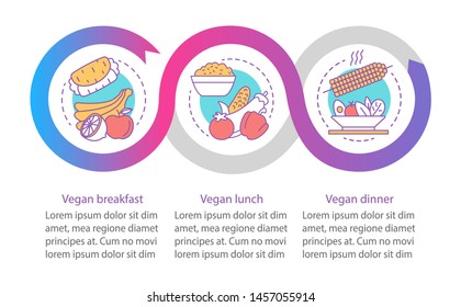 Vegetarian menu vector infographic template. Business presentation design elements. Data visualization with three steps and options. Process timeline chart. Workflow layout with linear icons