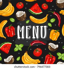 Vegetarian menu of vegetables and fruits. Vector chalk menu on chalkboard.
