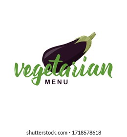 Vegetarian menu with whole eggplant realistic image. Vector illustration isolated on white background.