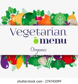 Vegetarian menus of restaurants, cooking, recipes, fruits and vegetables. The concept of healthy nutrition and healthy life. Flat design. Vector illustration