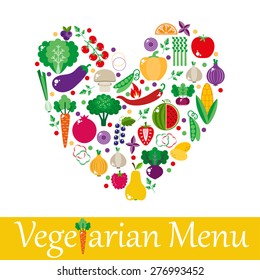 Vegetarian menus of restaurants, cooking, recipes, fruits and vegetables. The concept of healthy nutrition and healthy life. Flat design. Vector illustration