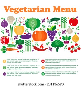 Vegetarian menus of restaurants, cooking, recipes, fruits and vegetables. The concept of healthy nutrition and healthy life. Flat design. Vector illustration