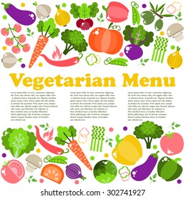 Vegetarian menus of restaurants, cooking, recipes, fruits and vegetables. The concept of healthy nutrition and healthy life. Flat design. Vector illustration