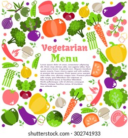 Vegetarian menus of restaurants, cooking, recipes, fruits and vegetables. The concept of healthy nutrition and healthy life. Flat design. Vector illustration